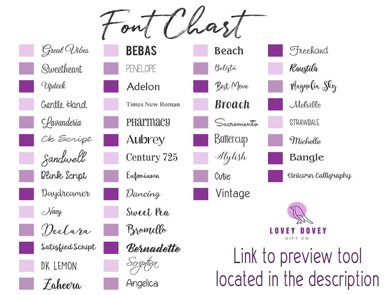 May include: A chart of different fonts in various colors, with the title "Font Chart". The chart is divided into three columns, each with a different color scheme. The first column is pink, the second is purple, and the third is light purple. Each column has a list of fonts with their names written in the corresponding font.