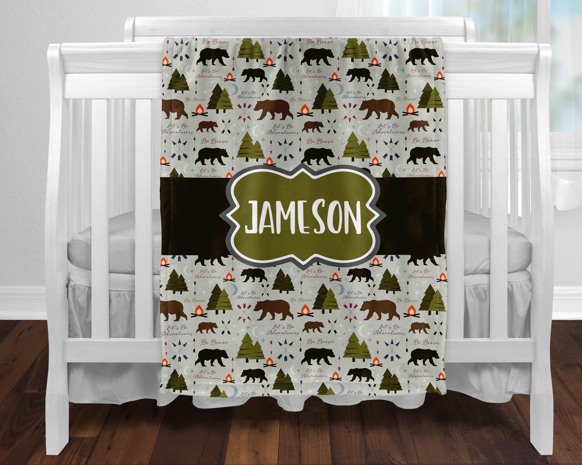 Personalized Adventure Baby Blanket, Custom Rustic Swaddle Blanket, Adventure Awaits Baby Blanket, Hunting Themed Blanket, Bears and Trees