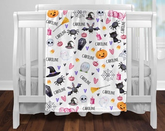 Personalized Pink Halloween Baby Blanket, Custom Plush Pink Halloween Swaddle Blanket, Baby's First Halloween, Halloween Newborn Blanket