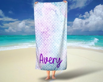 Personalized Mermaid Scales Beach Towel, Mermaid Pool Towel, Summer Pool Party, Summer Vacation Towel, Mermaid Beach Towel, Easter Gift
