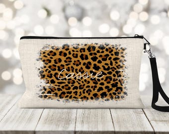 Leopard Print Zipper Bag - Personalized Makeup Pouch - Leopard Print Clutch - Leopard Print Makeup Holder - Cheetah Themed Wristlet