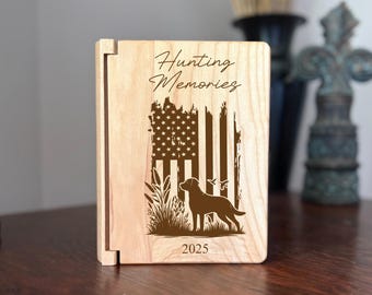 Hunting Memories Small Wooden Photo Album, Personalized Hunting Memories: American Flag-Dog-Deer Hunter Themed Gift