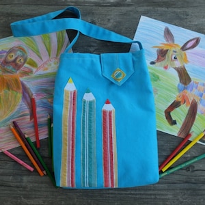 Kids Art Bag: Handmade Blue Crossbody Bag with Pencils