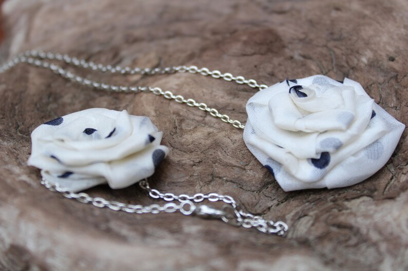 Rose jewelry set White Flower Necklace Polka dot Rosette fabric White rose bracelet Silk Flowers Fabric Flower jewelry Romantic jewelry set