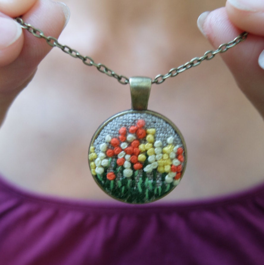 Embroidered Necklace Mallow Orange Flower Pendant Embroidery Etsy