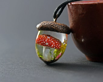 Mushroom Acorn Necklace: Real Moss Fly Agaric Pendant