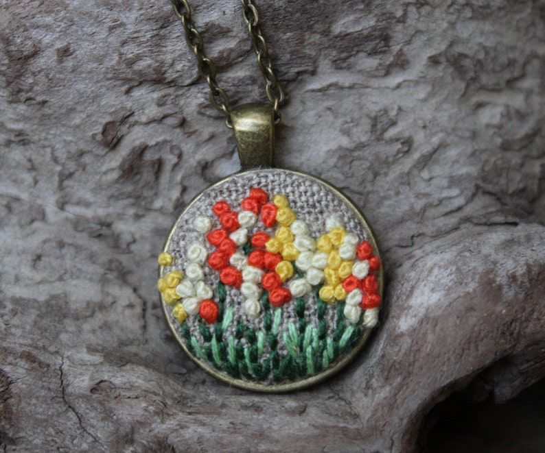 Embroidered Necklace Mallow Orange Flower Pendant Embroidery Etsy