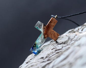 Handmade Wood Resin Cross Pendant: Northern Lights Aurora Borealis Necklace
