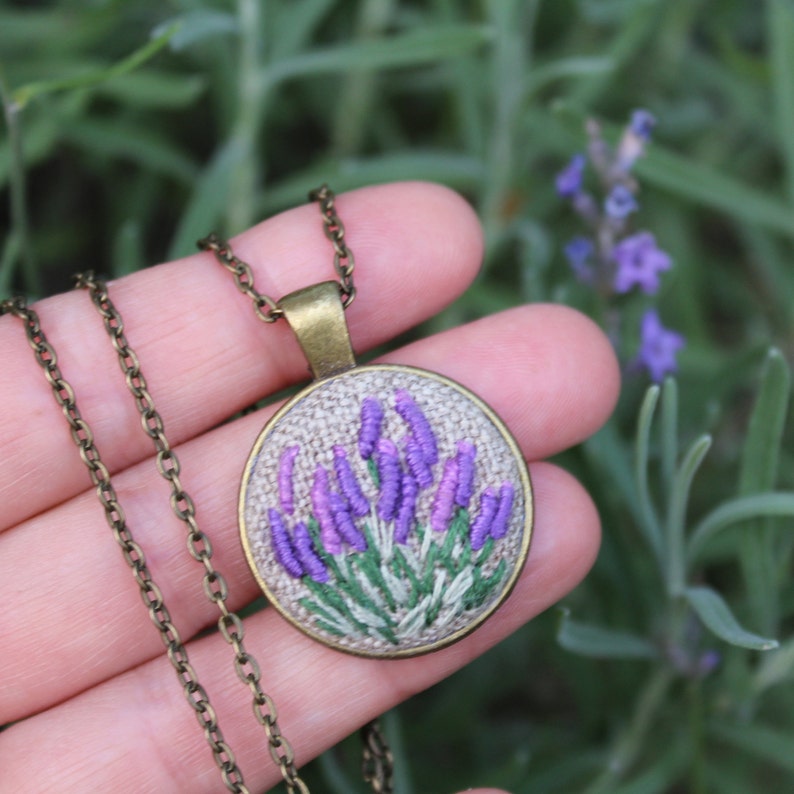 Lavender necklace Hand Embroidered Purple flowers pendant Etsy
