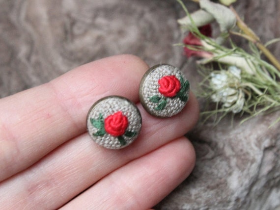 Rose Stud Earrings Hand Embroidery Small Stud Earrings Red Etsy