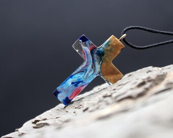 Wood Resin Cross Necklace: Aurora Borealis Pendant, Adjustable Cord