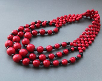 Handmade Red & Black Wooden Bead Necklace: Chunky Boho Jewelry