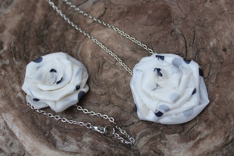 Rose jewelry set White Flower Necklace Polka dot Rosette fabric White rose bracelet Silk Flowers Fabric Flower jewelry Romantic jewelry set