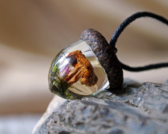 Mushroom Moss Acorn Necklace: Eco Resin Forest Amulet