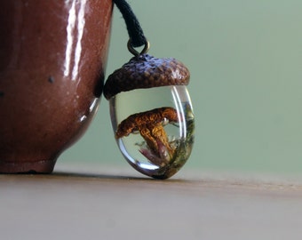 Acorn Necklace: Real Chanterelle Mushroom & Moss Pendant