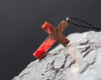 Wood Resin Cross Pendant Necklace: Northern Lights Aurora Borealis Design