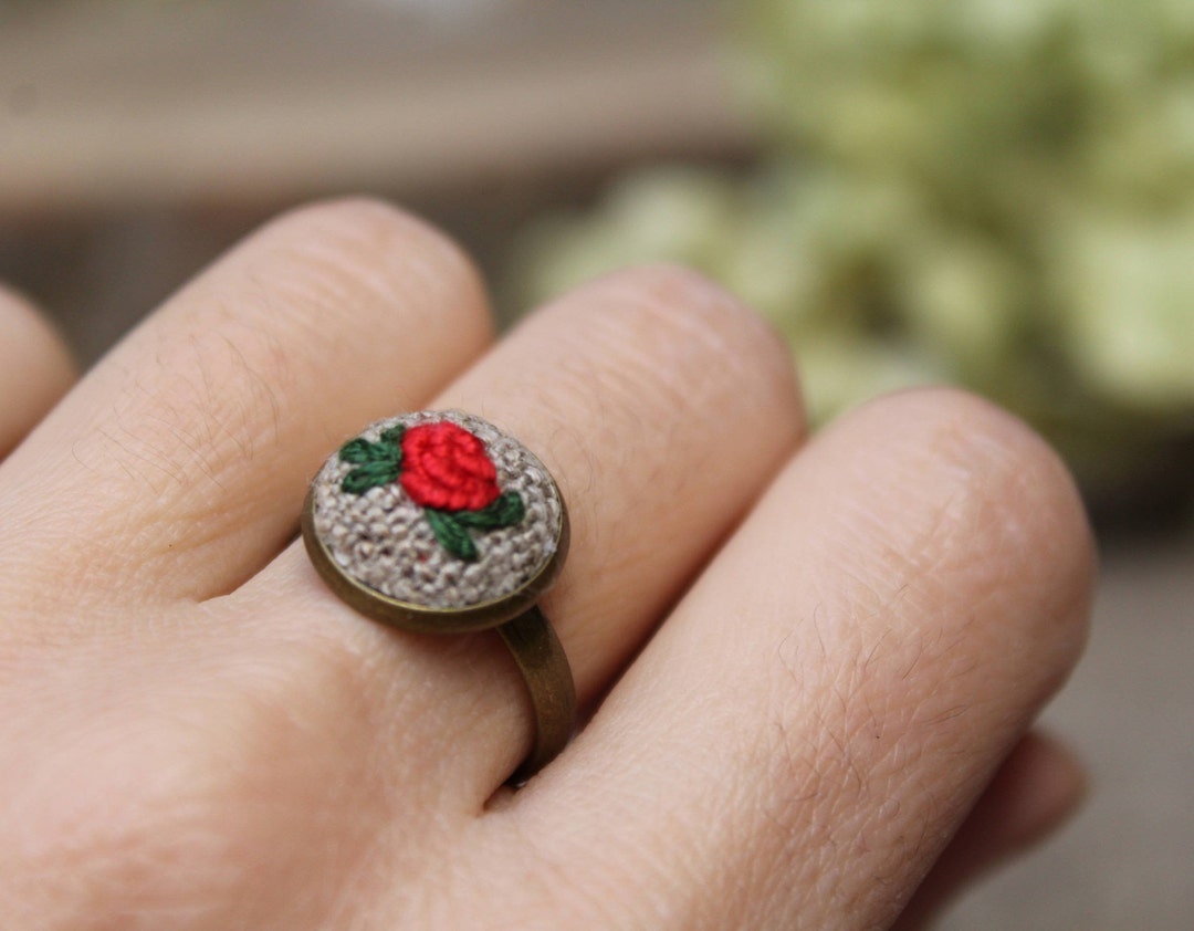 Hand Embroidered Red Rose Ring: Adjustable Bronze Floral Jewelry - Etsy