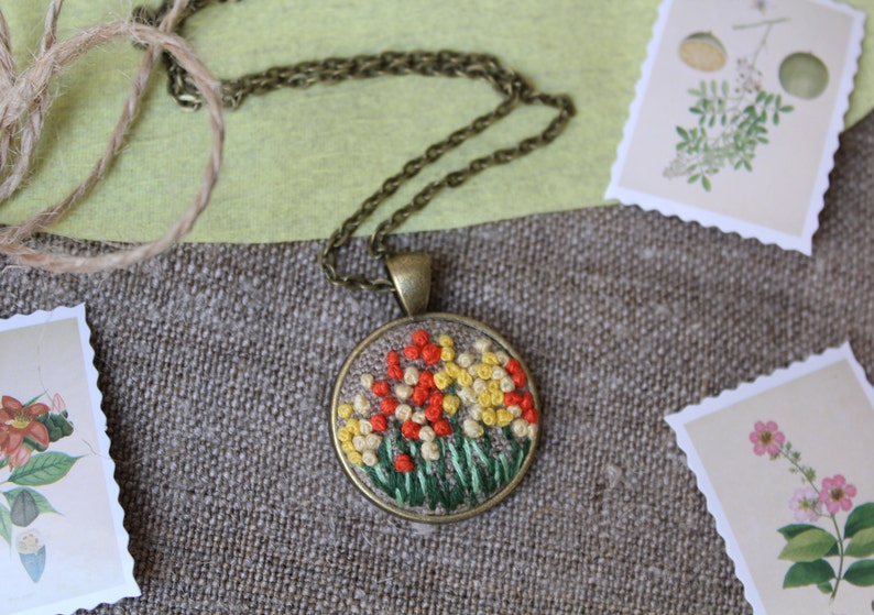 Embroidered Necklace Mallow Orange Flower Pendant Embroidery Etsy