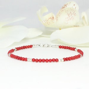 Tiny Pure Silver Red Coral Beaded Bracelet,Minimalist Beaded Bracelet,Stacking Bracelet,Bracelet for Woman,Bridesmaid Gift