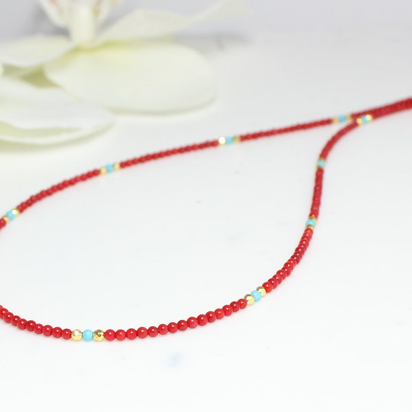 Red Short Necklace,Tiny Red Coral Necklace,Beaded Necklace,Tiny Stones Beaded Necklace,Beaded Necklace For Woman,Gift for her