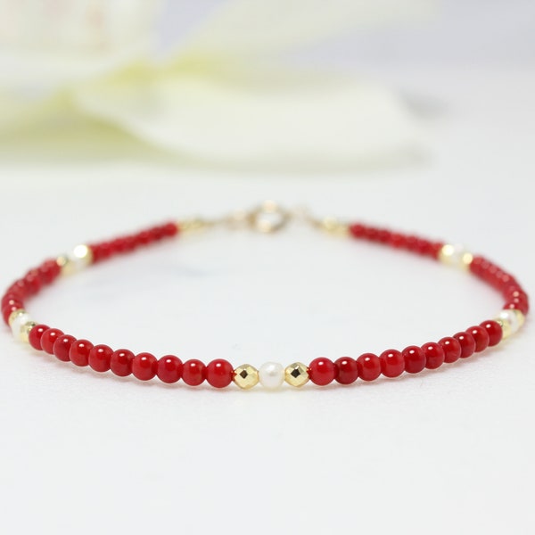 Red Bracelet,Tiny Red Coral Bracelet,Beaded Bracelet,Tiny Stones Beaded Bracelet,Stacking Bracelet,Beaded Bracelet For Woman,Gift for her