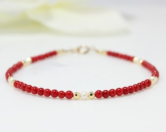 Red Bracelet,Tiny Red Coral Bracelet,Beaded Bracelet,Tiny Stones Beaded Bracelet,Stacking Bracelet,Beaded Bracelet For Woman,Gift for her