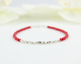 Tiny Pure Silver Red Coral Beaded Bracelet,Minimalist Beaded Bracelet,Minimalist Red Coral Bracelet,Stacking Bracelet,Bracelet for Woman