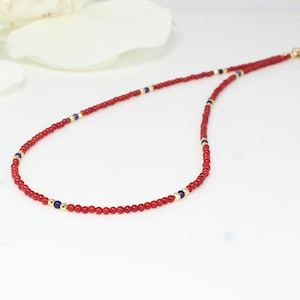 Red Short Necklace,Tiny Red Coral Beaded Necklace,Beaded Necklace,Tiny Stones Beaded Necklace,Beaded Necklace For Woman,Gift for her