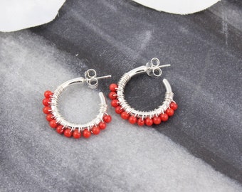 Red Coral Gemstone Silver Hoop Earrings,Red Gemstone Hoop Earrings,Sterling Silver Hoop Earrings,Beaded Hoop Earrings,Bridesmaid Gift