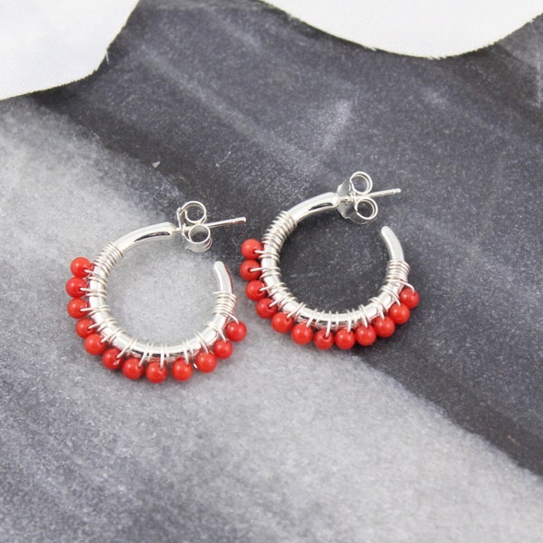 Red Coral Gemstone Silver Hoop Earrings,Red Gemstone Hoop Earrings,Sterling Silver Hoop Earrings,Beaded Hoop Earrings,Bridesmaid Gift