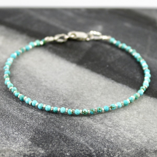 Tiny Turquoise Beaded Bracelet, Karen Hill Tribe Silver, Minimalist Stacking Bracelet