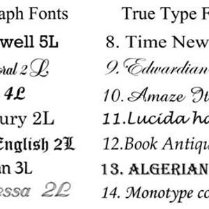 May include: A white background displays a list of font styles. The left column is labeled "Gravograph Fonts" and the right column is labeled "True Type Fonts". Each font is numbered and named, including Rockwell, Balmoral, Script, and Algerian.