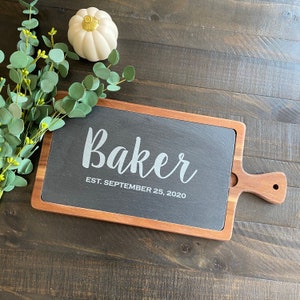 Acacia Wood Serving Tray || Slate Cheese Board || Charcuterie or Cutting Board || Personalized Wedding Christmas Housewarming Gift