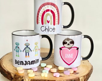 Valentine’s Day Mug for Children | Mug with Name | Sloth Rainbow Robot Cup | Personalized Mug | Birthday Gift for Kids | Hot Cocoa Bomb Mug