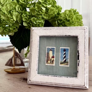 Coastal Aesthetic Framed Vintage American Lighthouse Postage Art Decor