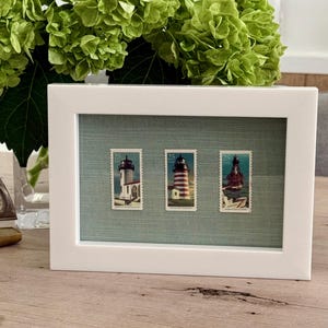 Coastal Aesthetic Framed Vintage American Lighthouse Postage Art Decor