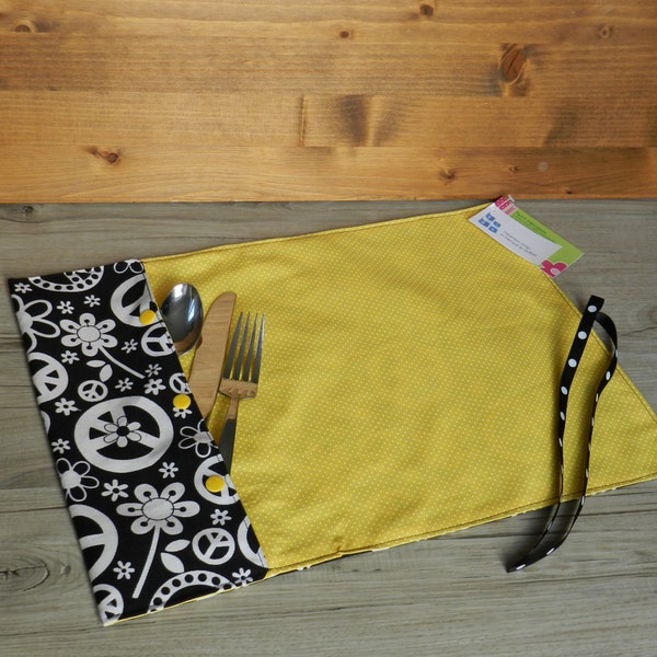 With Pocket for utensils, lunch mat, doily doily utensil, placemat, peace and love, black, white, flowers