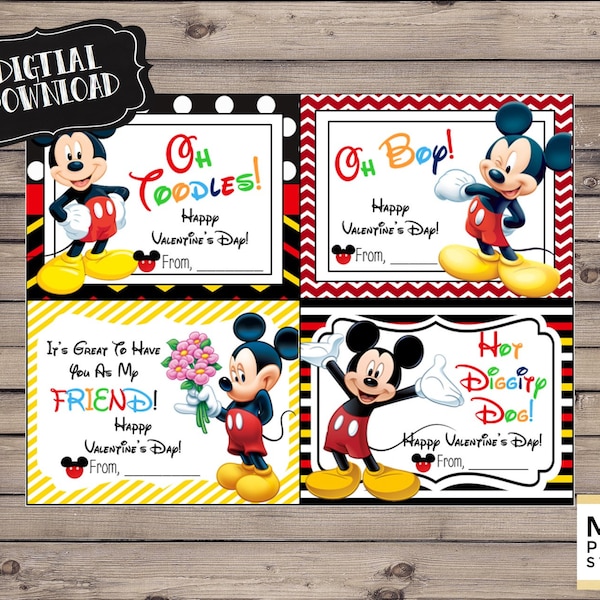 Tarjetas de San Valentín de Mickey Mouse; descarga digital instantánea