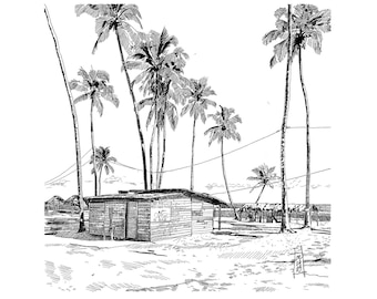 Black and White Beach Hut Art Print, Venezuela