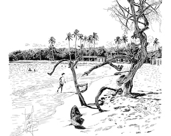 Patanemo Beach Print, Venezuela, Black and White Ink Drawing