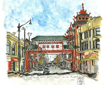 Chinatown Chicago Print: Watercolor and Ink Fine Art