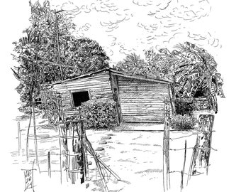 Tucacas crooket house Line Art Print: Coastal Landscape Drawing