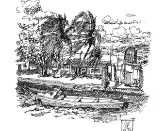 Aruba Fishing Boat Print, Black and White Ink Drawing