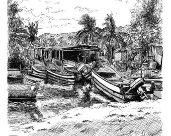 Patanemo Beach Shack Print, Black and White Ink Drawing
