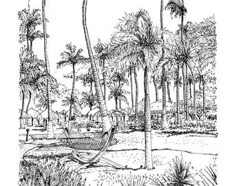 Aruba Resort Print | Black and White Ink Drawing
