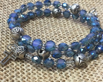 Wrap Rosary bracelet light blue glass beads on memory wire