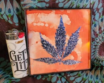 4x4 Framed Preserved CANNABIS/HEMP Leaf on Batik/Tie-Dye Fabric BLUE and Orange