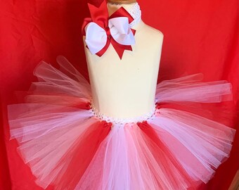 Baby Girl Birthday Tutu Set , Toddler Tutu , Hair Bow Headband, Red White Pink Full tutu skirt Valentines tutu costume Photo Prop holiday