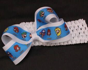 Baby Toddler Girl Mario Inspired hair bow Costume bow crochet elastic headband stacked birthday Video Game  hair bow Blue White Red OSFA