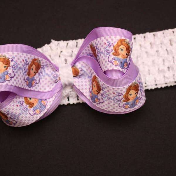 Baby Toddler Girl Sofia the first Inspired hair bow Costume bow crochet elastic headband stacked birthday hair bow purple White OSFA